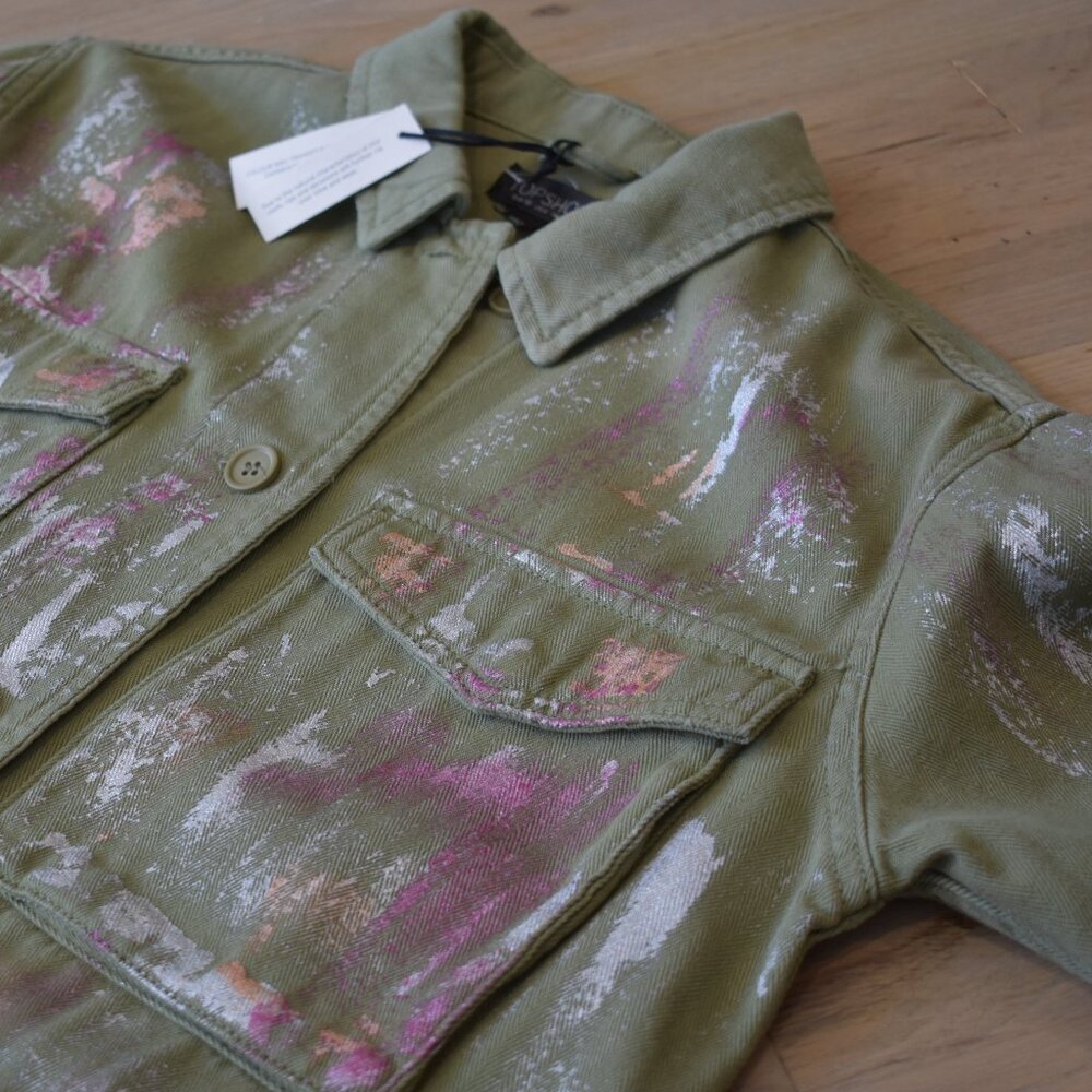 NWT Topshop Ethan Metallic Foil Paint Military Style Button Up Jacket